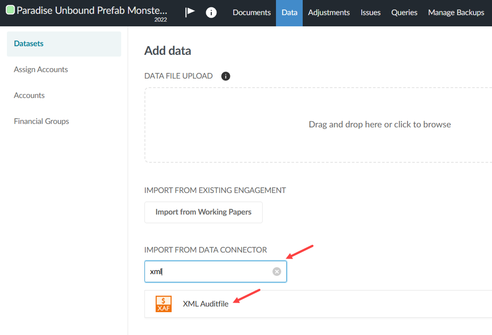 Screenshot of data upload screen using the option to import from a data connector.